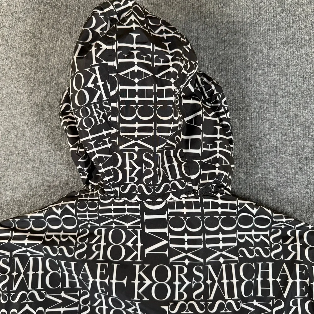 Michael Kors Womens Logo Print Hooded Windbreaker Jacket Black White XS #3866
